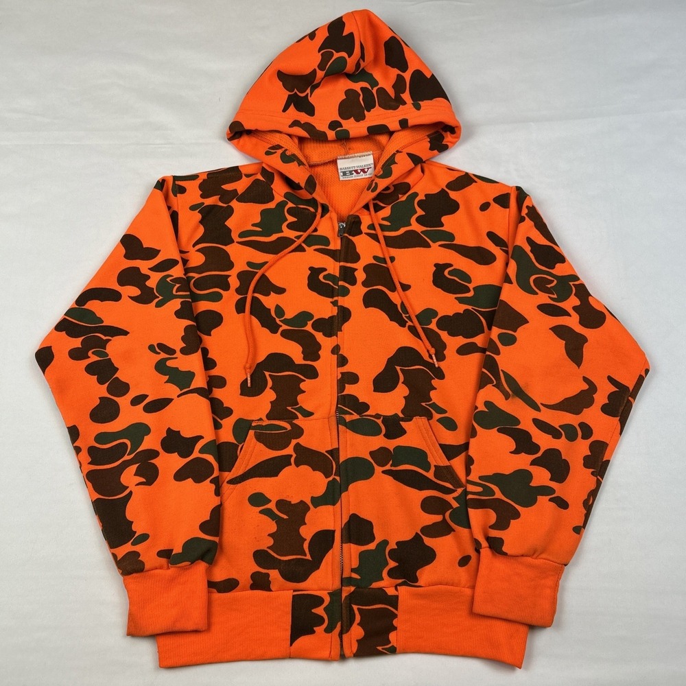 VTG 90's Bassett-Walker Hoodie Sz M Neon Orange Camo Style Hunting Waffle Lined